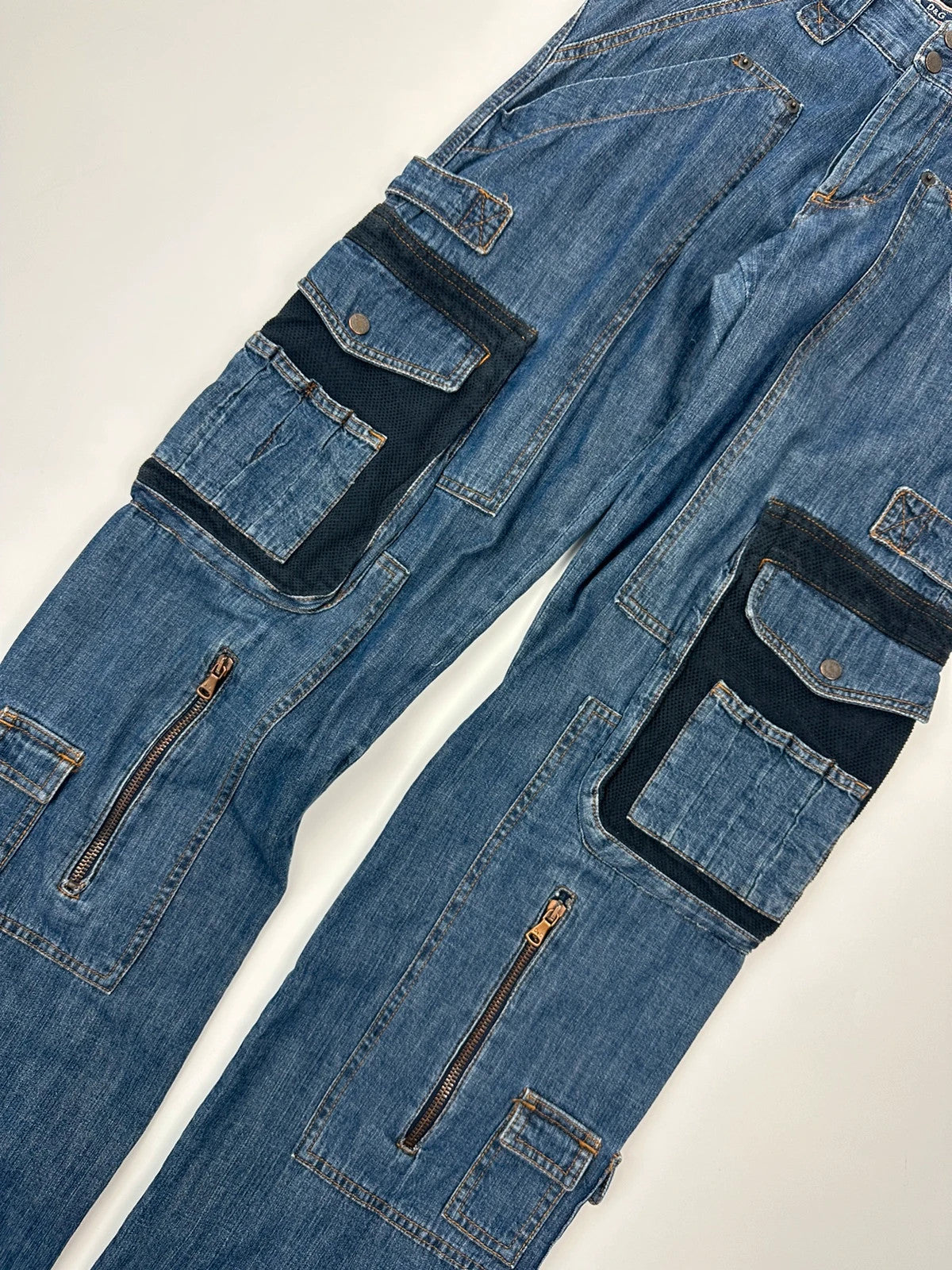 Dolce & Gabbana blue straight jeans with cargo pockets and mesh detailing from SS03 collection.