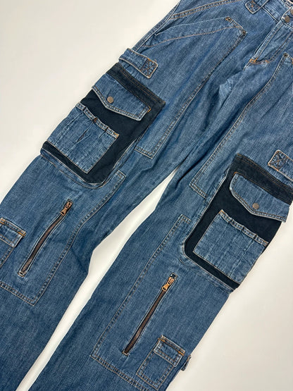 Dolce & Gabbana blue straight jeans with cargo pockets and mesh detailing from SS03 collection.