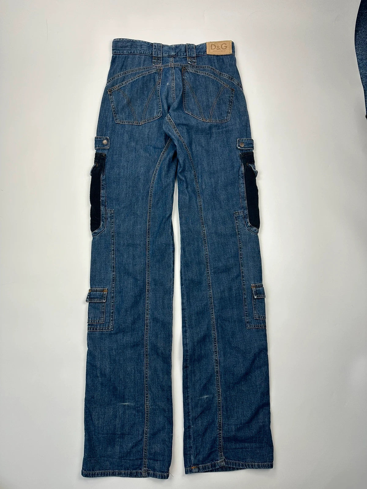 Dolce & Gabbana blue straight jeans with cargo pockets and mesh detailing from SS03 collection.