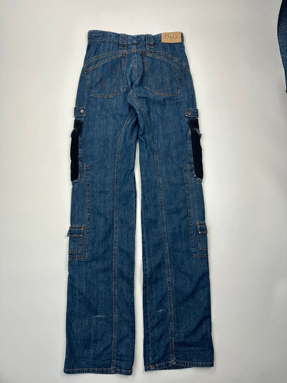 Dolce & Gabbana blue straight jeans with cargo pockets and mesh detailing from SS03 collection.