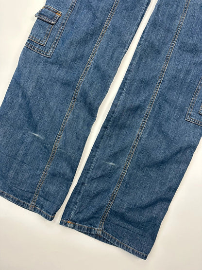 Dolce & Gabbana blue straight jeans with cargo pockets and mesh detailing from SS03 collection.