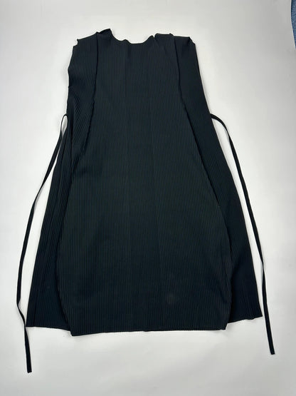 Issey Miyake black linen maxi dress with pleated design and unique string details.