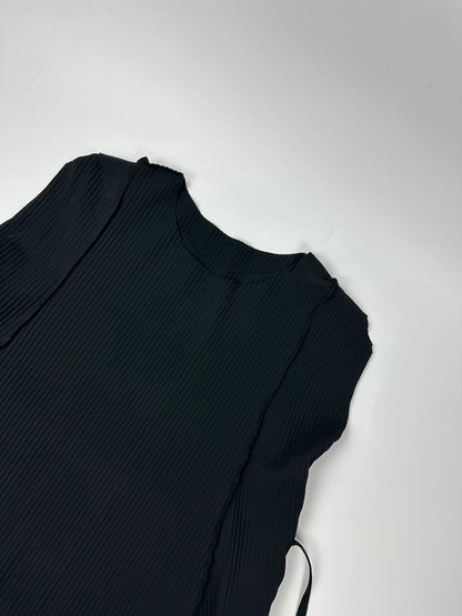 Issey Miyake black linen maxi dress with pleated design and unique string details.