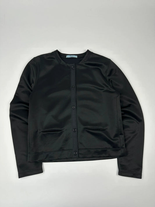 Prada black silk button-up jacket with rounded collar from SS2010 collection.