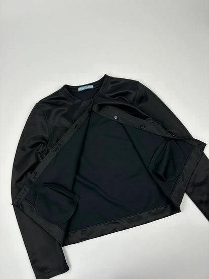Prada black silk button-up jacket with rounded collar from SS2010 collection.