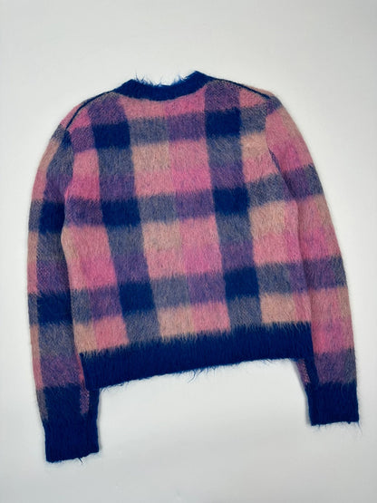 Acne Studios multicolor alpaca wool knit sweater with fuzzy texture and unique patterns.