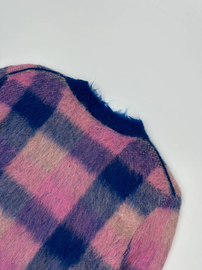 Acne Studios multicolor alpaca wool knit sweater with fuzzy texture and unique patterns.