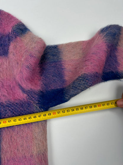 Acne Studios multicolor alpaca wool knit sweater with fuzzy texture and unique patterns.