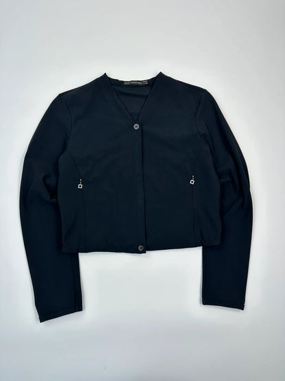 Marithé Francois Girbaud navy crop jacket with V-neck and minimalist design.