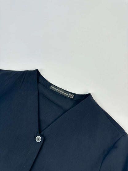 Marithé Francois Girbaud navy crop jacket with V-neck and minimalist design.