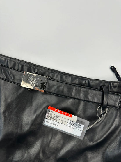 Prada black shiny mini skirt with logo waistband from SS2008 collection.