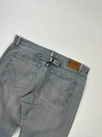 Dolce & Gabbana blue straight jeans with washed finish and back belt detail.