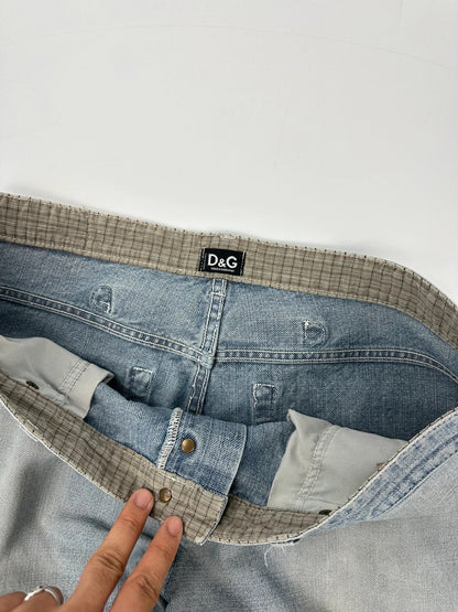 Dolce & Gabbana blue straight jeans with washed finish and back belt detail.