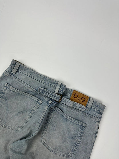Dolce & Gabbana blue straight jeans with washed finish and back belt detail.
