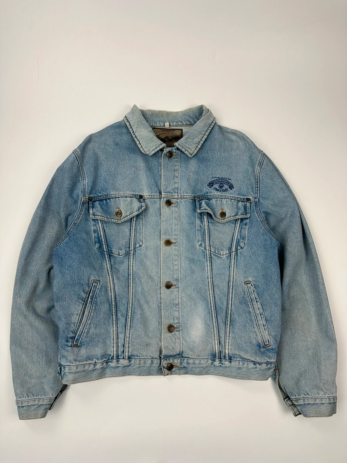 Armani Jeans blue denim jacket boxy cut with light wash and vintage 90s style.