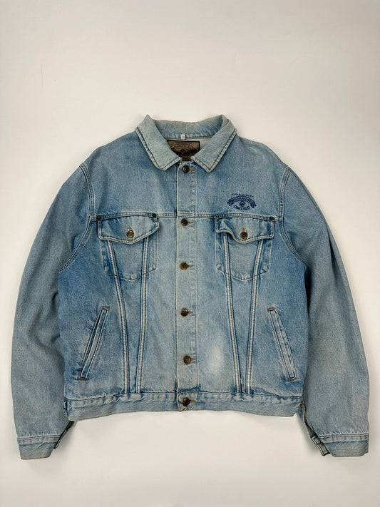 Armani Jeans blue denim jacket boxy cut with light wash and vintage 90s style.