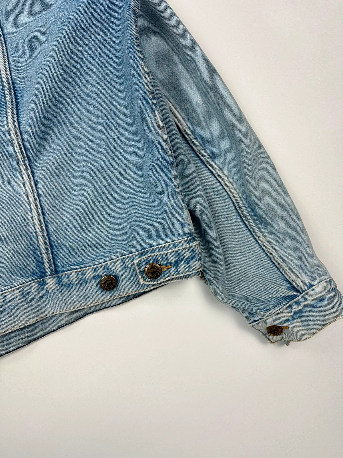 Armani Jeans blue denim jacket boxy cut with light wash and vintage 90s style.