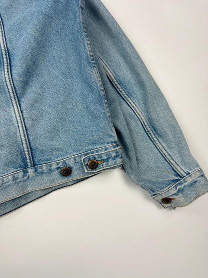 Armani Jeans blue denim jacket boxy cut with light wash and vintage 90s style.
