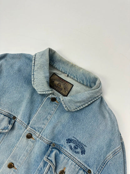 Armani Jeans blue denim jacket boxy cut with light wash and vintage 90s style.