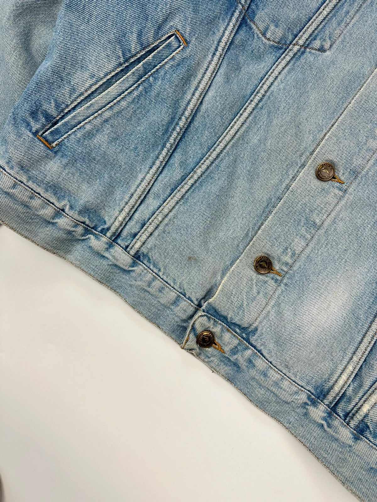Armani Jeans blue denim jacket boxy cut with light wash and vintage 90s style.