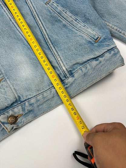 Armani Jeans blue denim jacket boxy cut with light wash and vintage 90s style.