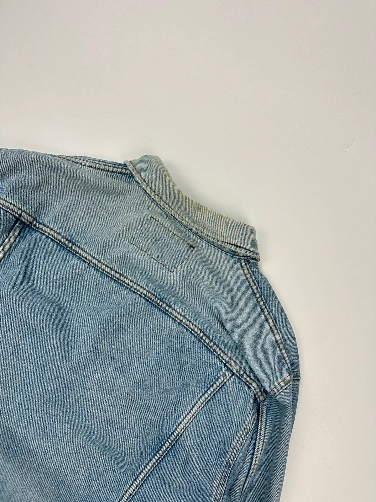 Armani Jeans blue denim jacket boxy cut with light wash and vintage 90s style.