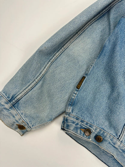 Armani Jeans blue denim jacket boxy cut with light wash and vintage 90s style.