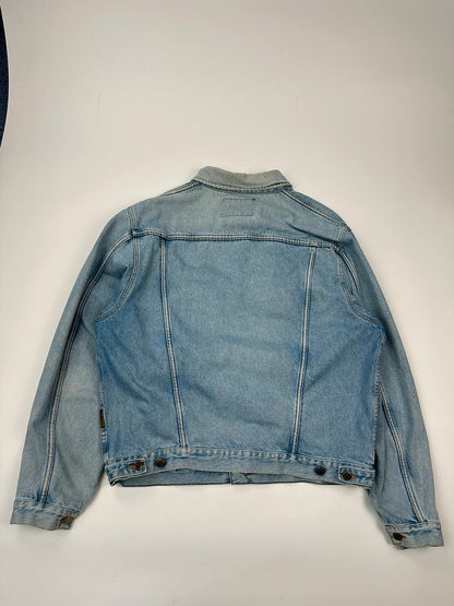 Armani Jeans blue denim jacket boxy cut with light wash and vintage 90s style.