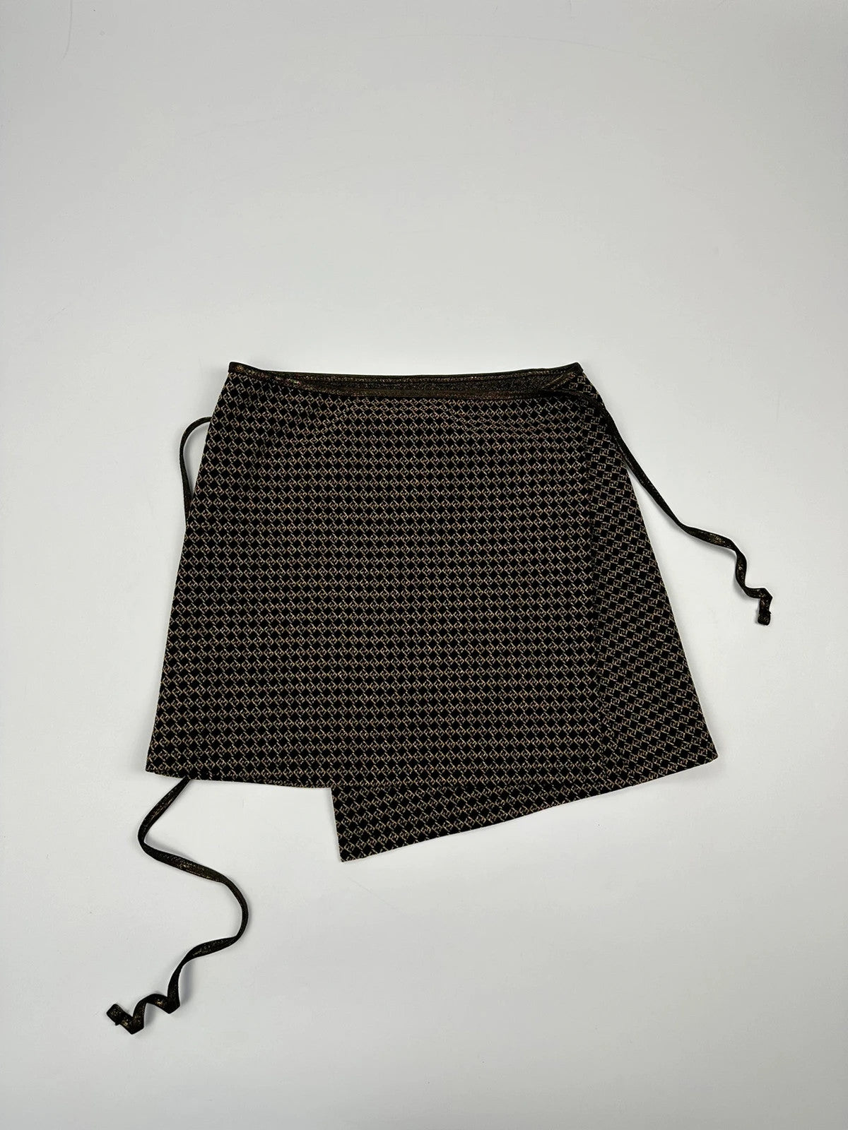 Fendi black and gold jacquard wrap skirt with woven monogram pattern and adjustable ties.