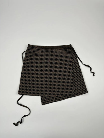Fendi black and gold jacquard wrap skirt with woven monogram pattern and adjustable ties.
