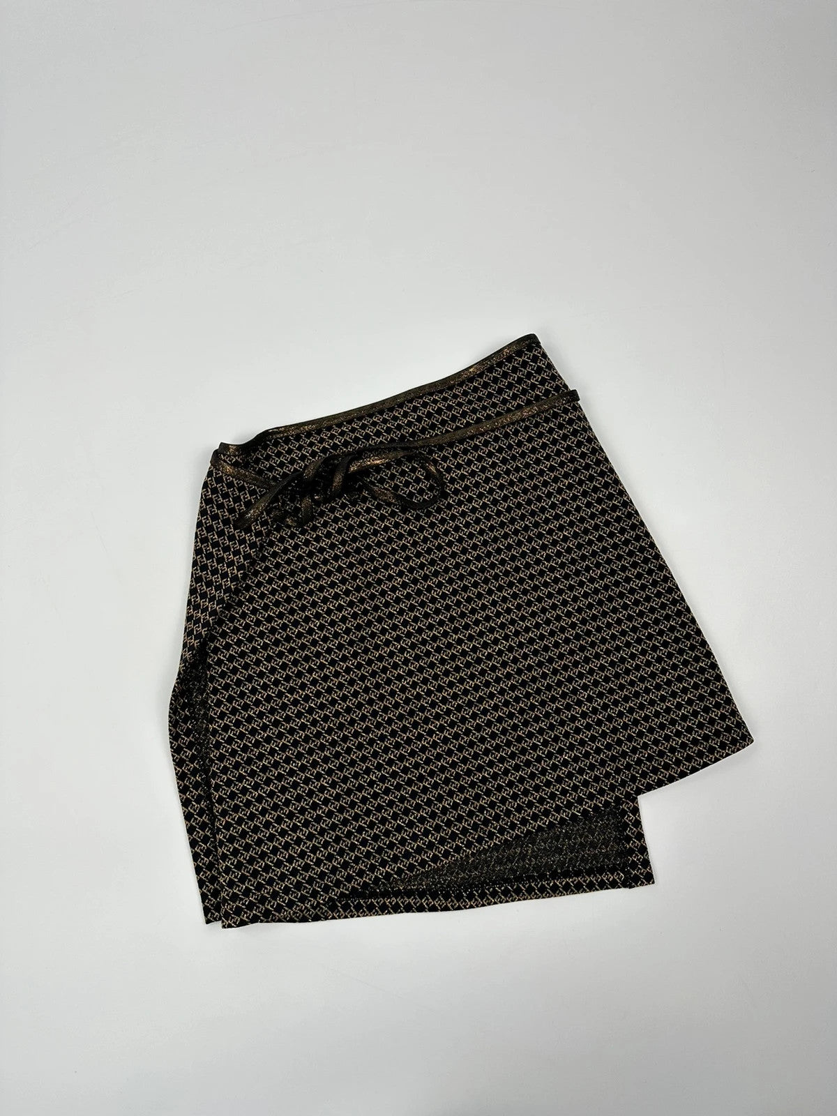 Fendi black and gold jacquard wrap skirt with woven monogram pattern and adjustable ties.