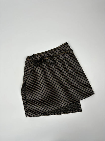 Fendi black and gold jacquard wrap skirt with woven monogram pattern and adjustable ties.