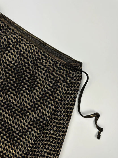 Fendi black and gold jacquard wrap skirt with woven monogram pattern and adjustable ties.
