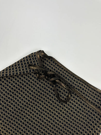 Fendi black and gold jacquard wrap skirt with woven monogram pattern and adjustable ties.