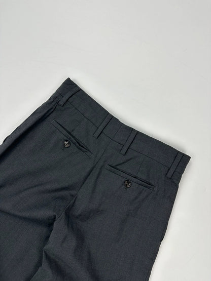 Prada grey wide-leg dress pants with subtle logo detail and luxurious wool material.
