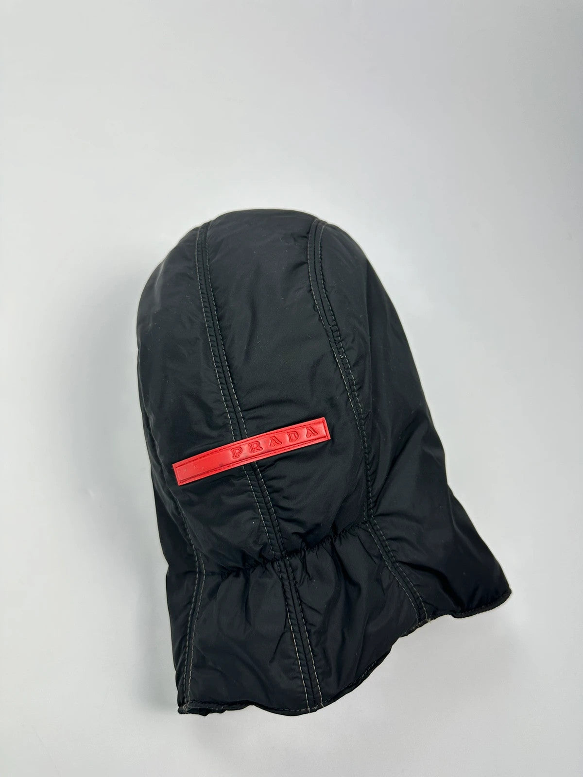 Prada black balaclava nylon material with logo detail from FW99 collection.
