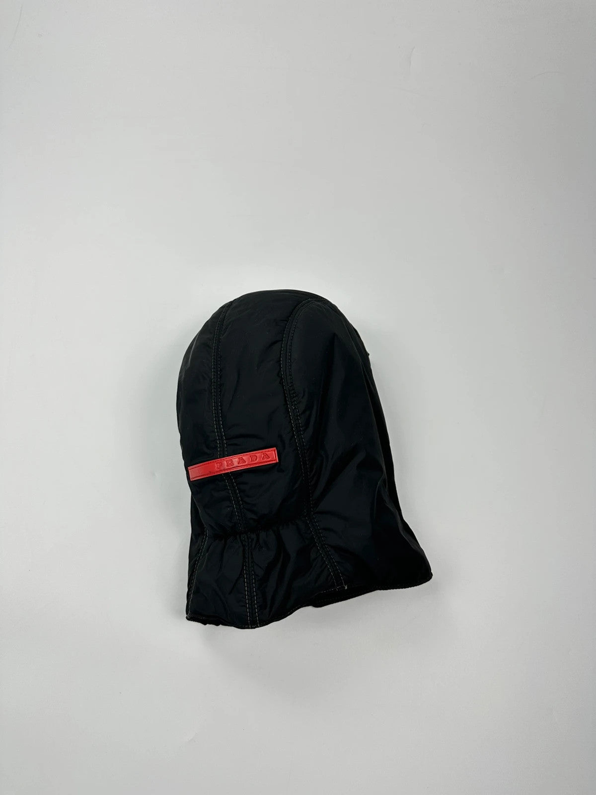 Prada black balaclava nylon material with logo detail from FW99 collection.
