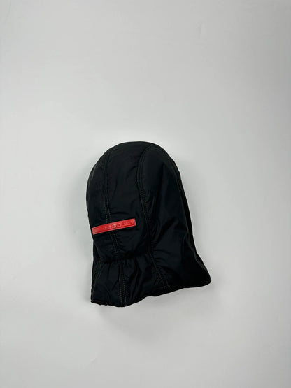 Prada black balaclava nylon material with logo detail from FW99 collection.