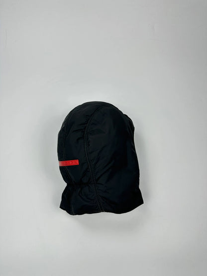 Prada black balaclava nylon material with logo detail from FW99 collection.