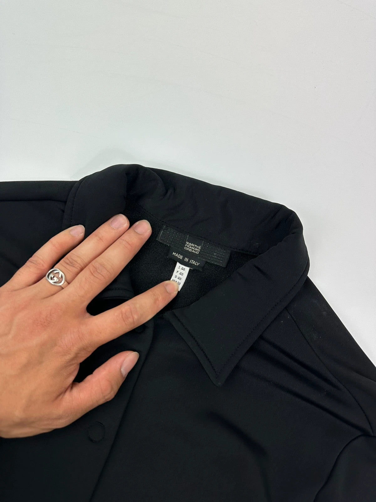 Marithé Francois Girbaud black lycra shirt jacket with minimalist design and vintage style.