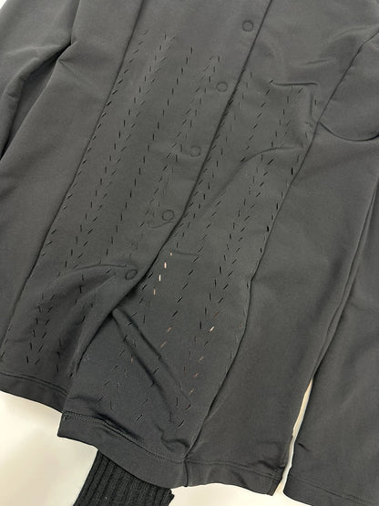 Marithé Francois Girbaud black lycra shirt jacket with minimalist design and vintage style.