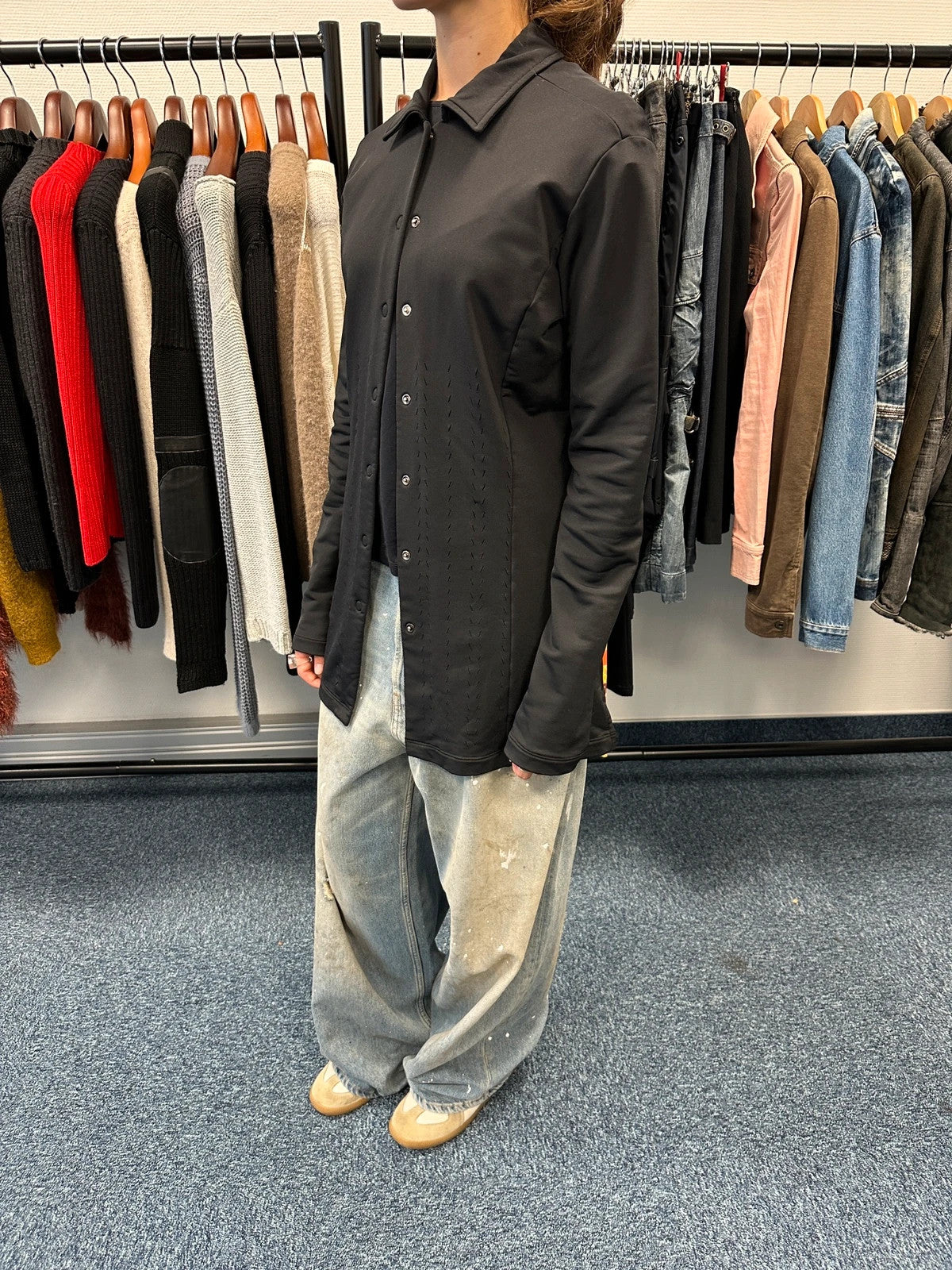 Marithé Francois Girbaud black lycra shirt jacket with minimalist design and vintage style.