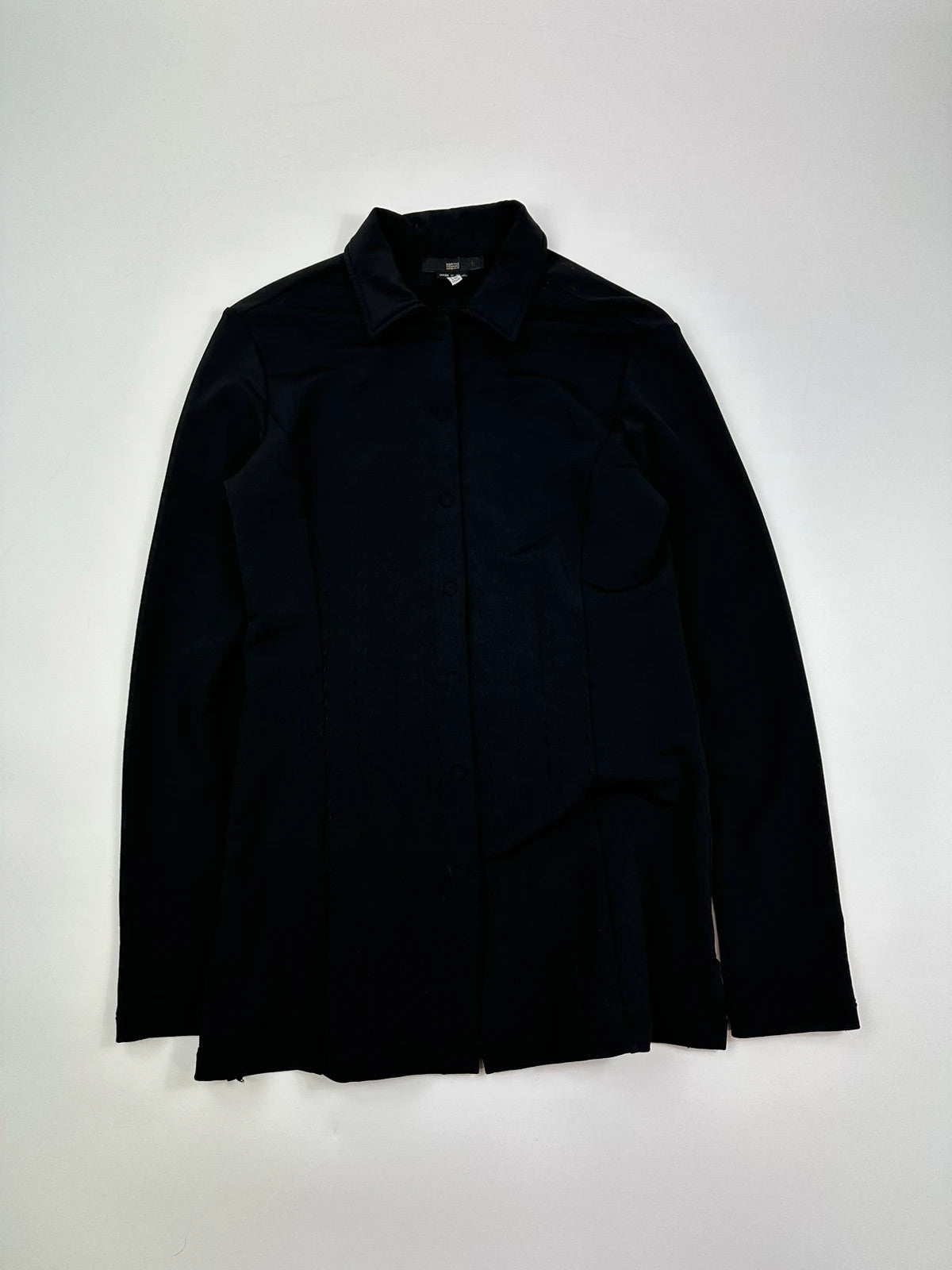 Marithé Francois Girbaud black lycra shirt jacket with minimalist design and vintage style.
