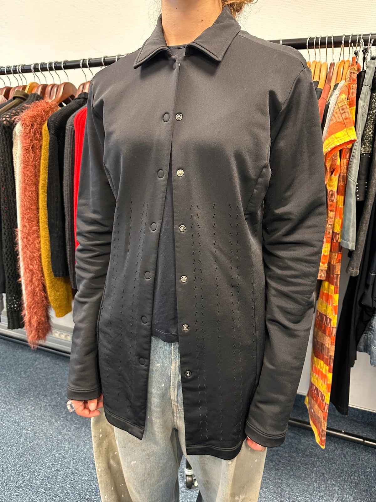 Marithé Francois Girbaud black lycra shirt jacket with minimalist design and vintage style.