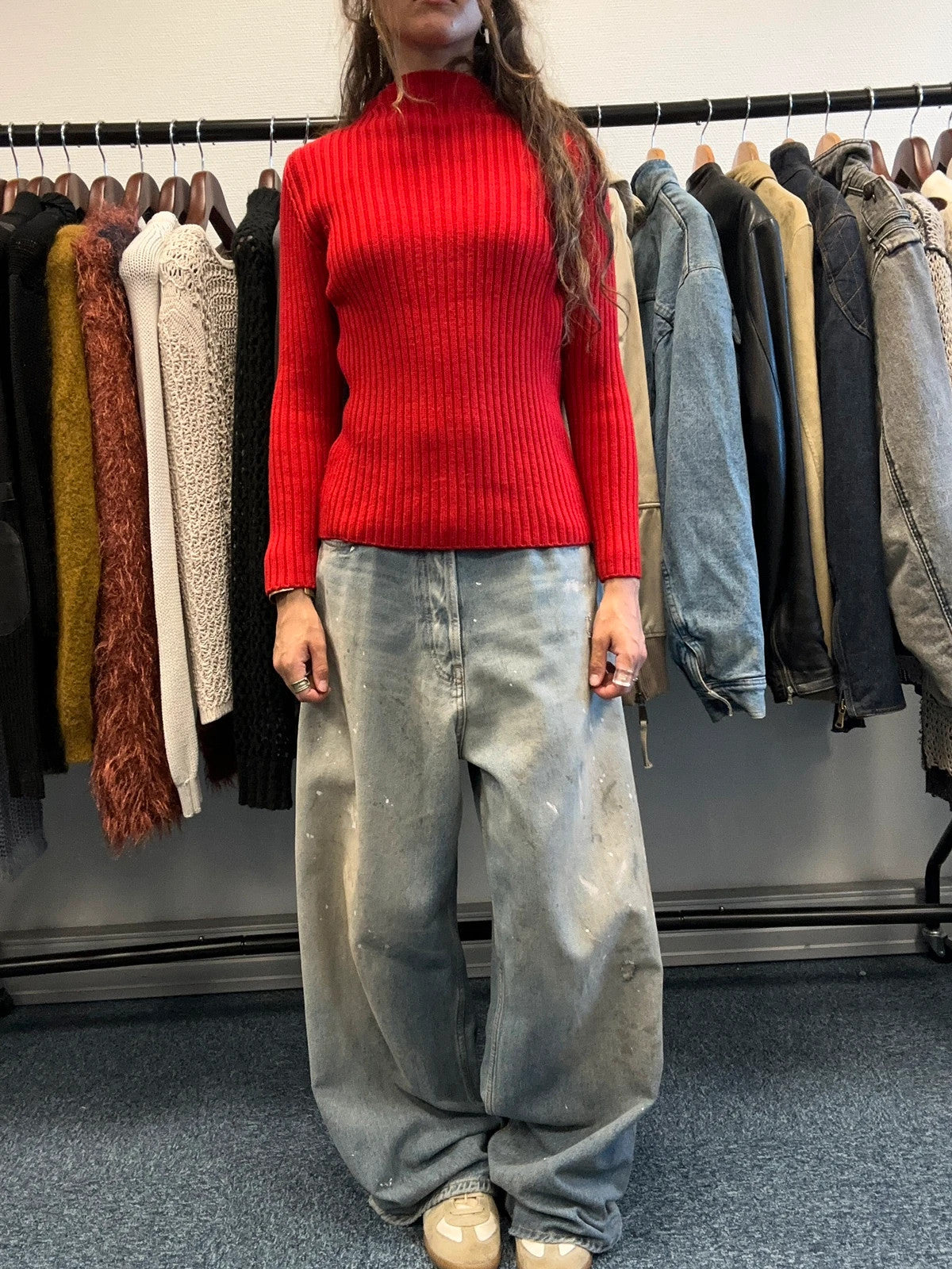 Prada red ribbed wool turtleneck sweater with high neck and Sport collection details.