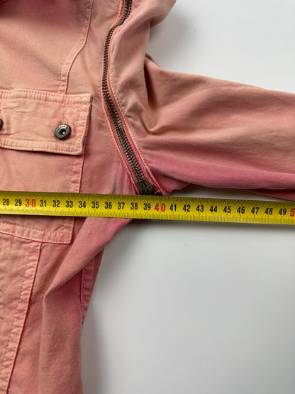 Dolce & Gabbana orange and pink denim jacket with detachable sleeves and cargo pockets.