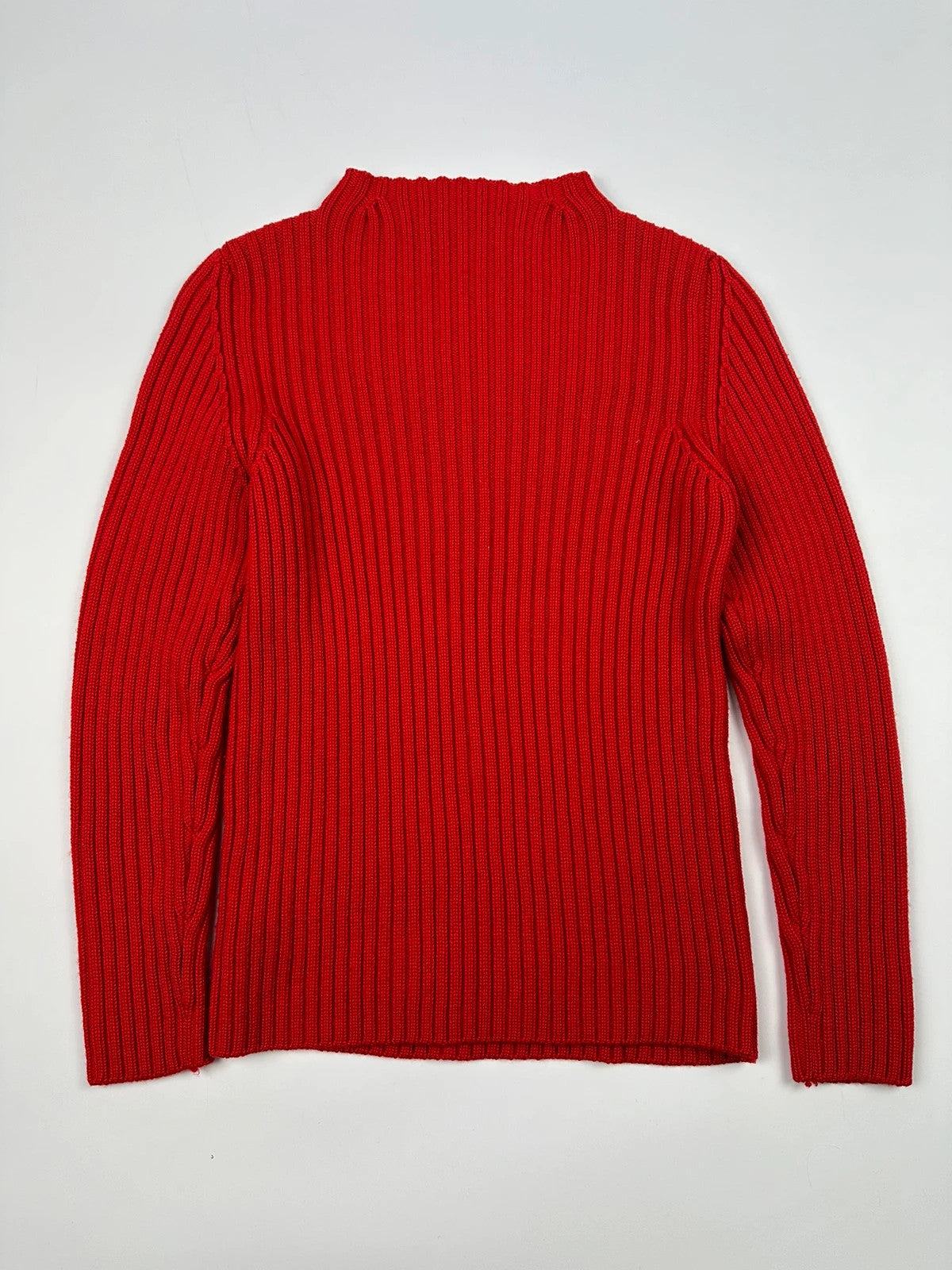 Prada red ribbed wool turtleneck sweater with high neck and Sport collection details.