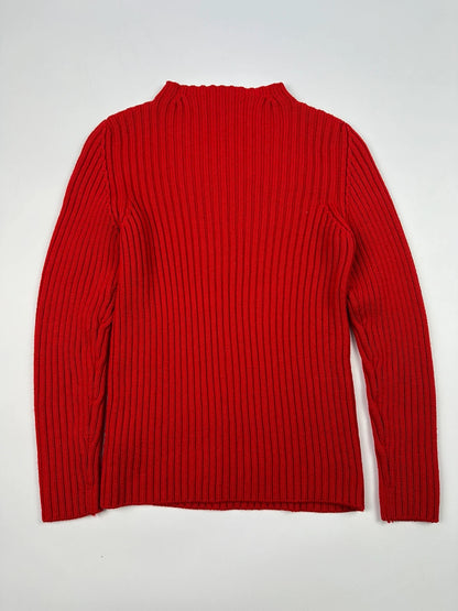 Prada red ribbed wool turtleneck sweater with high neck and Sport collection details.