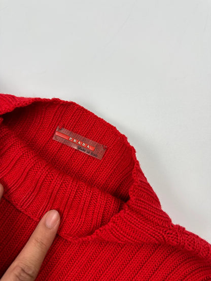 Prada red ribbed wool turtleneck sweater with high neck and Sport collection details.