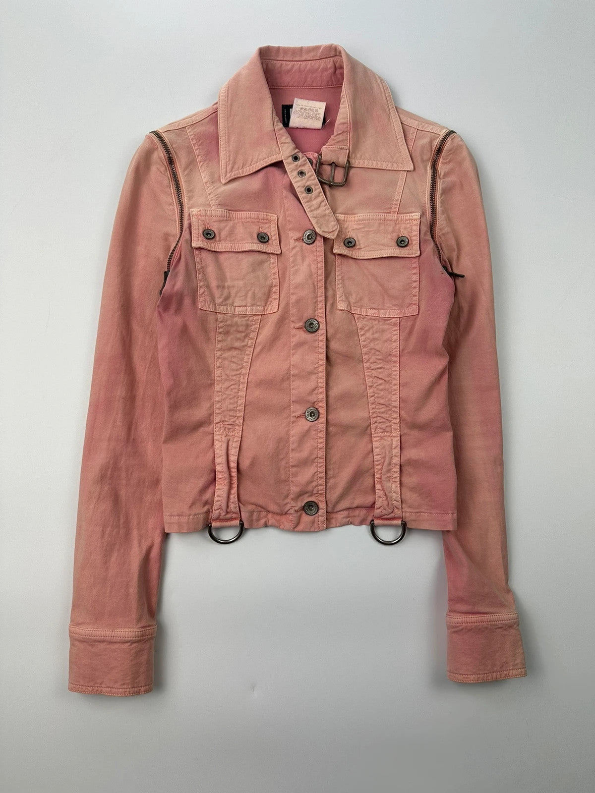 Dolce & Gabbana orange and pink denim jacket with detachable sleeves and cargo pockets.